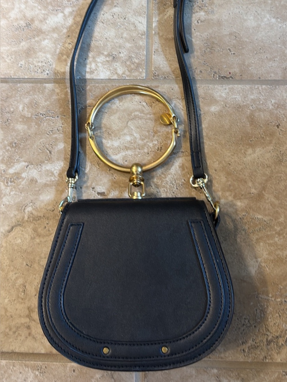 Bracelet Black Crossbody Bag with Gold Ring Handle